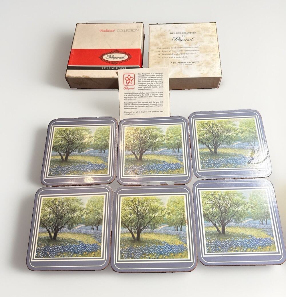 Vintage Pimpernel Coasters Set of 6 Texas Bluebonnets De Luxe Cork Back With Box